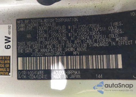 2006 Toyota Highlander from USA, damaged, VIN JTEDD21A860138513